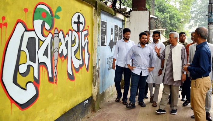 ঢাকা বিশ্ববিদ্যালয় পরিদর্শনকালে দেয়ালেরি চিত্রের পাশে উপদেষ্টগন/ছবি সংগৃহীত