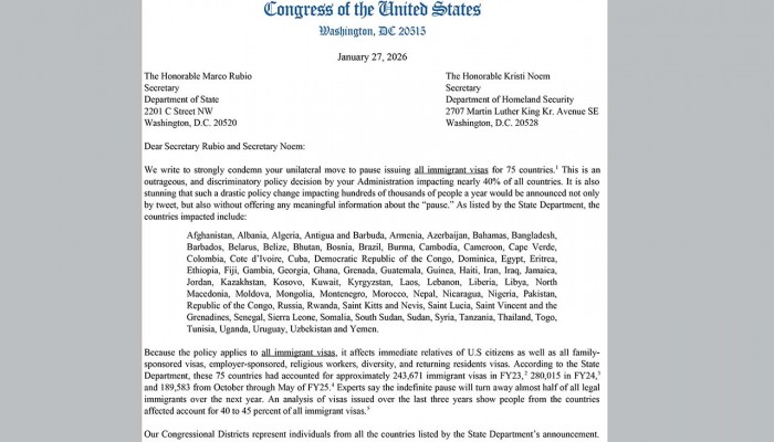 বাংলাদেশসহ ৭৫টি দেশের ভিসা স্থগিতাদেশ প্রত্যাহারের দাবিতে ৭৫ ডেমোক্র্যাটের চিঠি